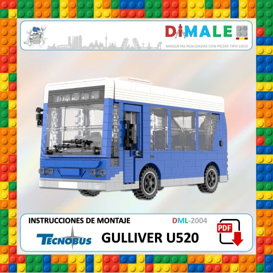 Modelo de autobús Tecnobús Gulliver U520 color azul y blanco construido con bloques de construcción.