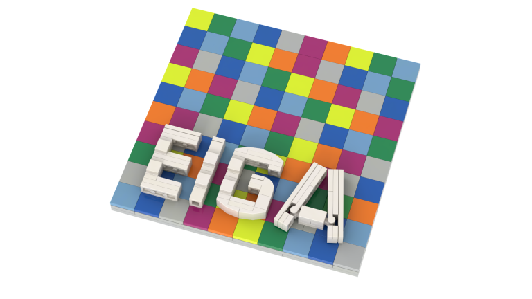 Logotipos 3D MOC lego Logo de EIGA sobre un fondo de colores cuadrados.
