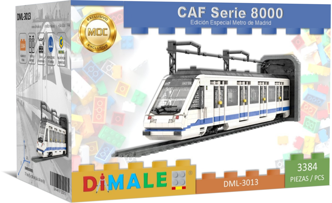 Tren modelo CAF Serie 8000 en su embalaje con diseño colorido.