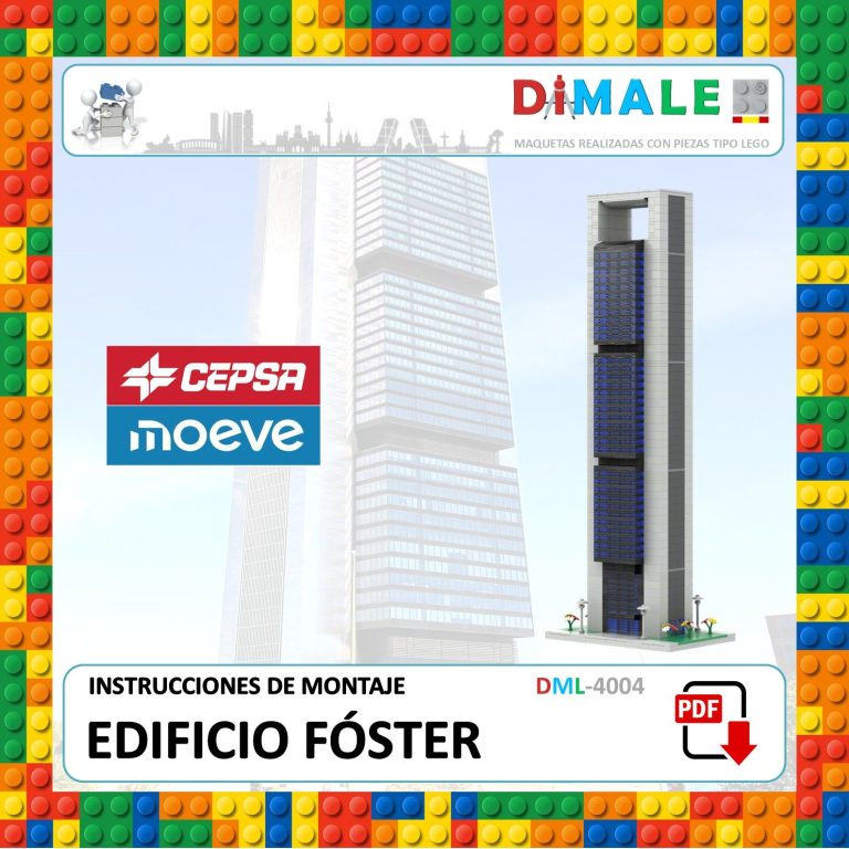 Maqueta del edificio Fóster con instrucciones de montaje y logo de Dimale y Cepsa.