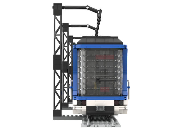 CAF serie 2000 (2 módulos) - VI Tren de juguete LEGO con estructura negra y detalles en azul y rojo.
