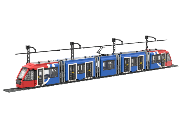 Alstom Citadis S302 Madrid (5 módulos) - IV Tren de juguete con diseño rojo y azul, diseñado para vías de juguete.